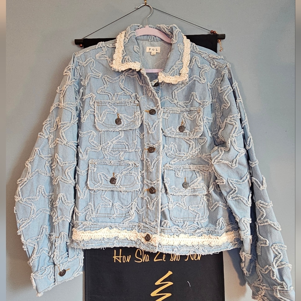 POL Blue Denim Jacket with Cream Embroidered Stars New Large